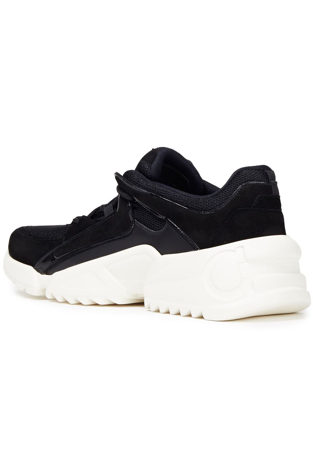 FERRAGAMO Skylar patent leather-trimmed suede and mesh sneakers