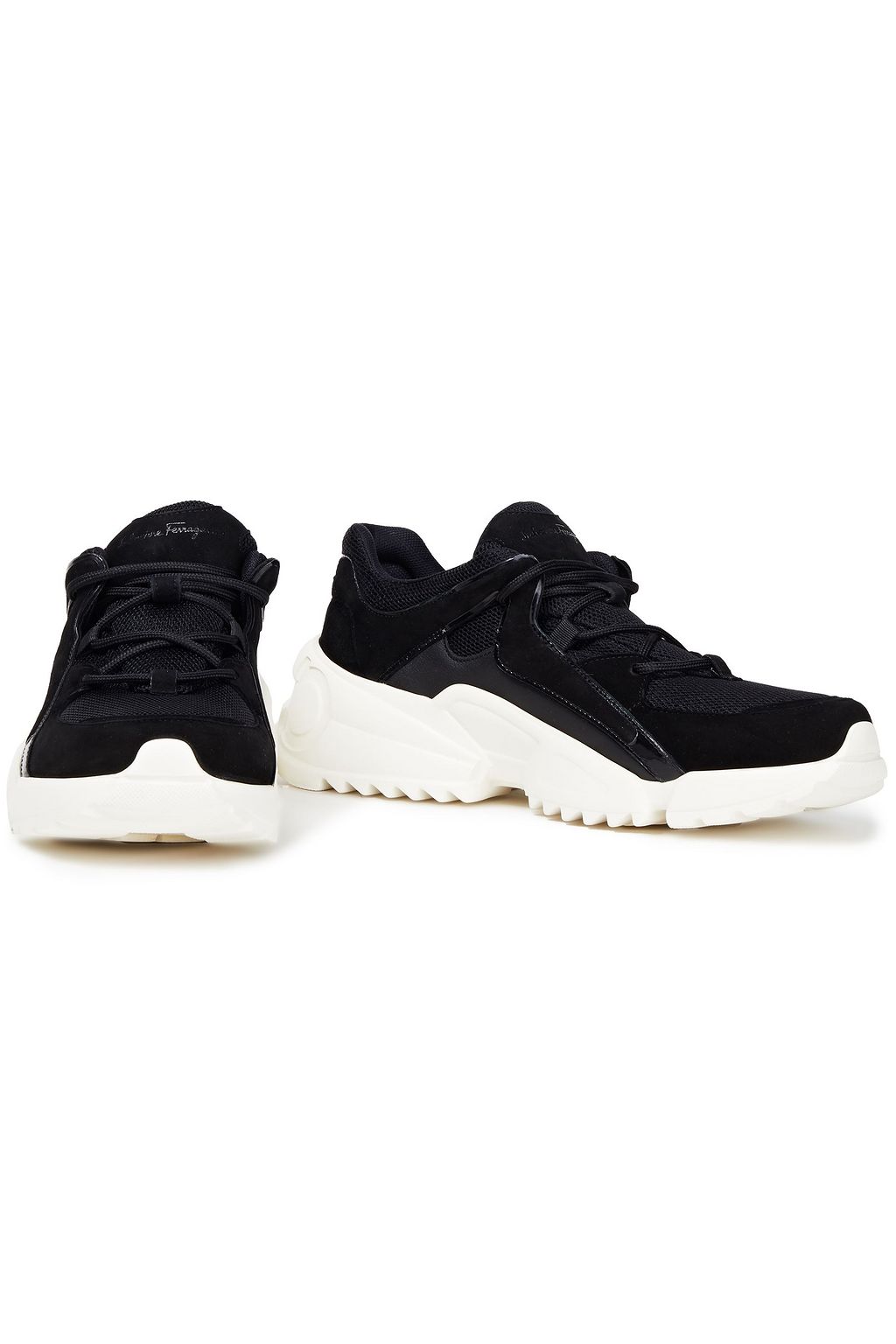 FERRAGAMO Skylar patent leather-trimmed suede and mesh sneakers