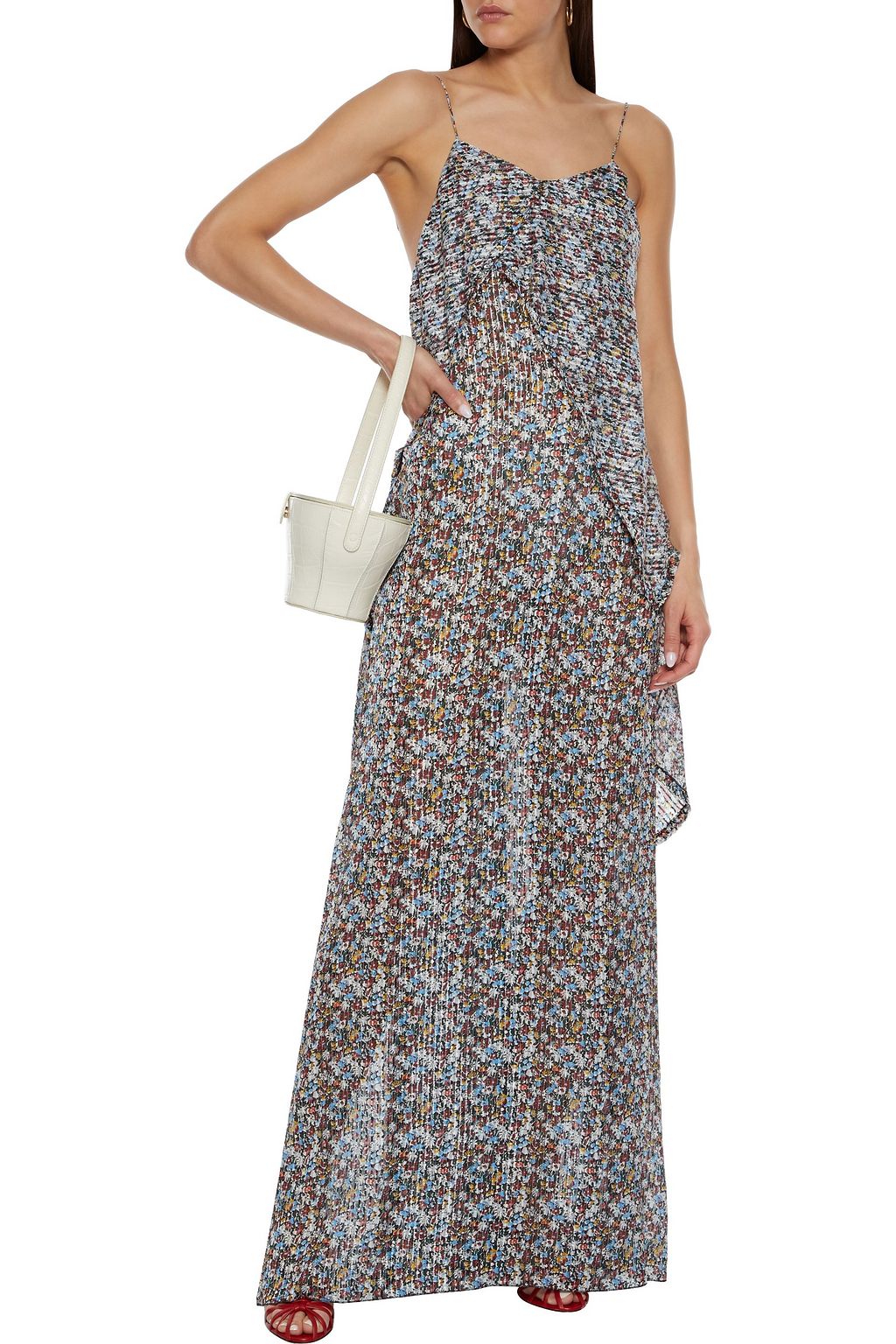 VICTORIA BECKHAM Slip Dress in Maxilänge aus Metallic-Chiffon mit floralem Print und Drapierung