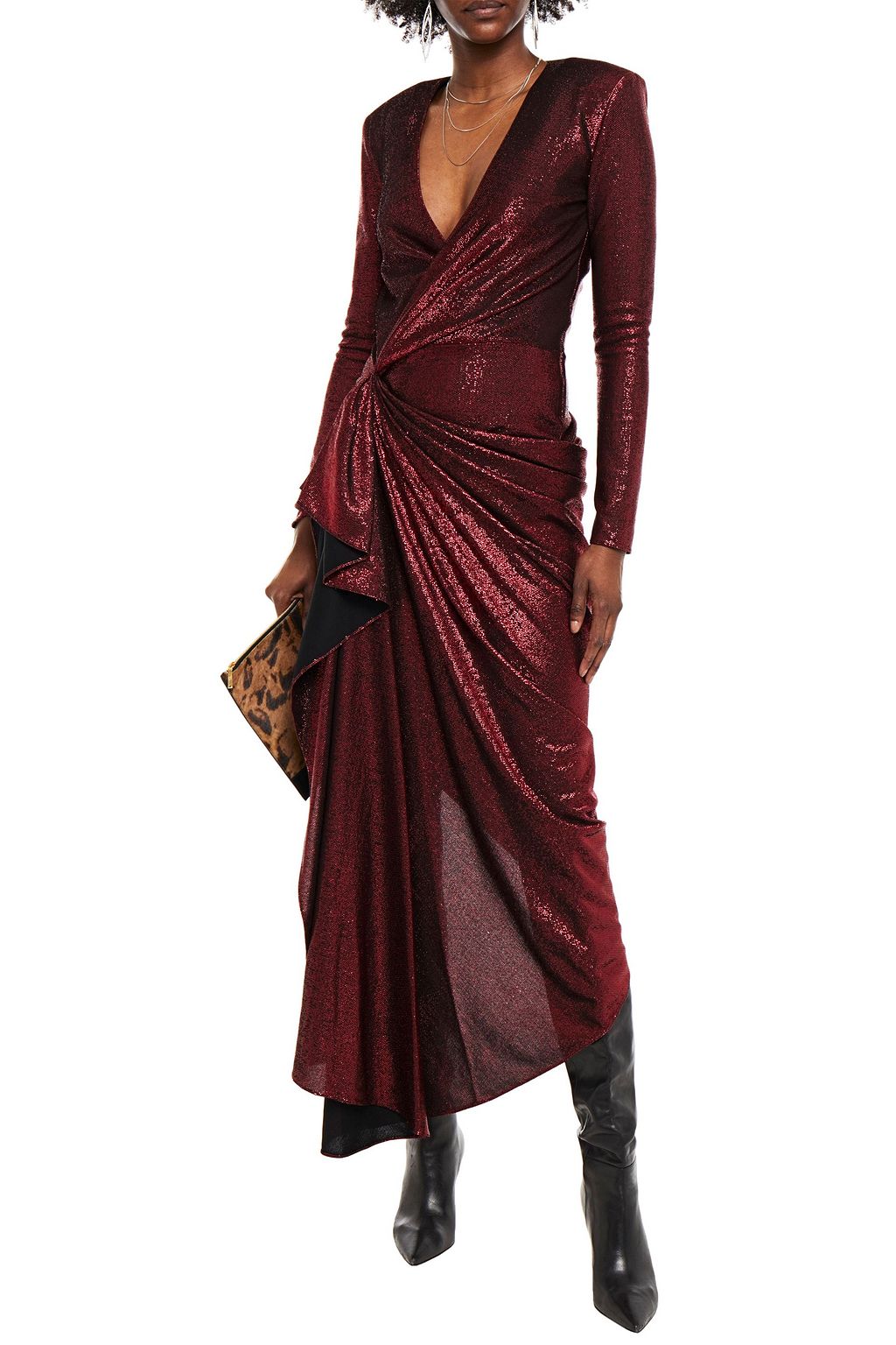 REDEMPTION Cindy wrap-effect draped lamé midi dress