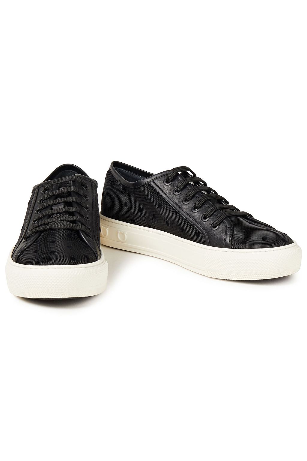 FERRAGAMO Leather-trimmed flocked mesh sneakers