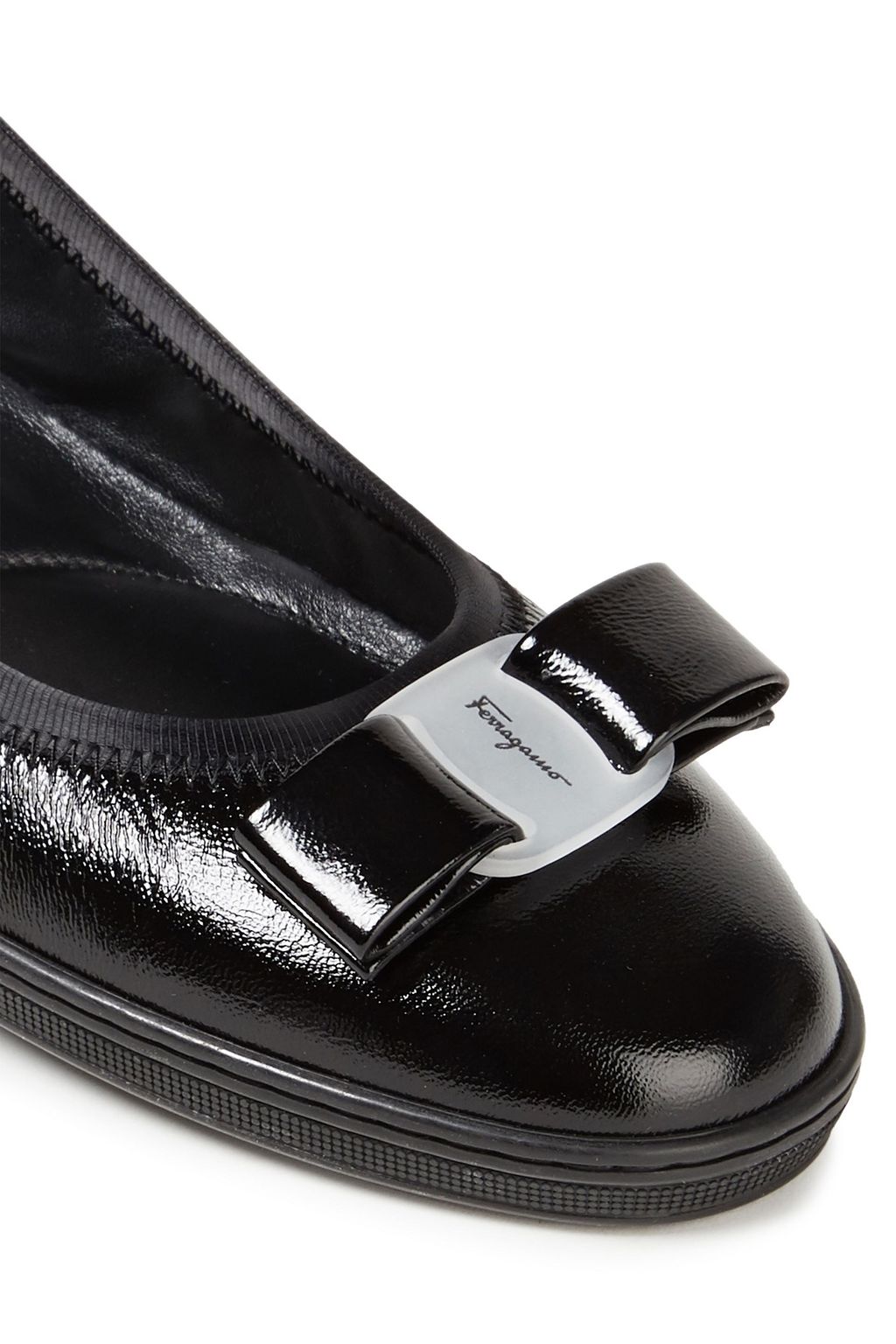 FERRAGAMO Savina bow-embellished glossed-leather ballet flats