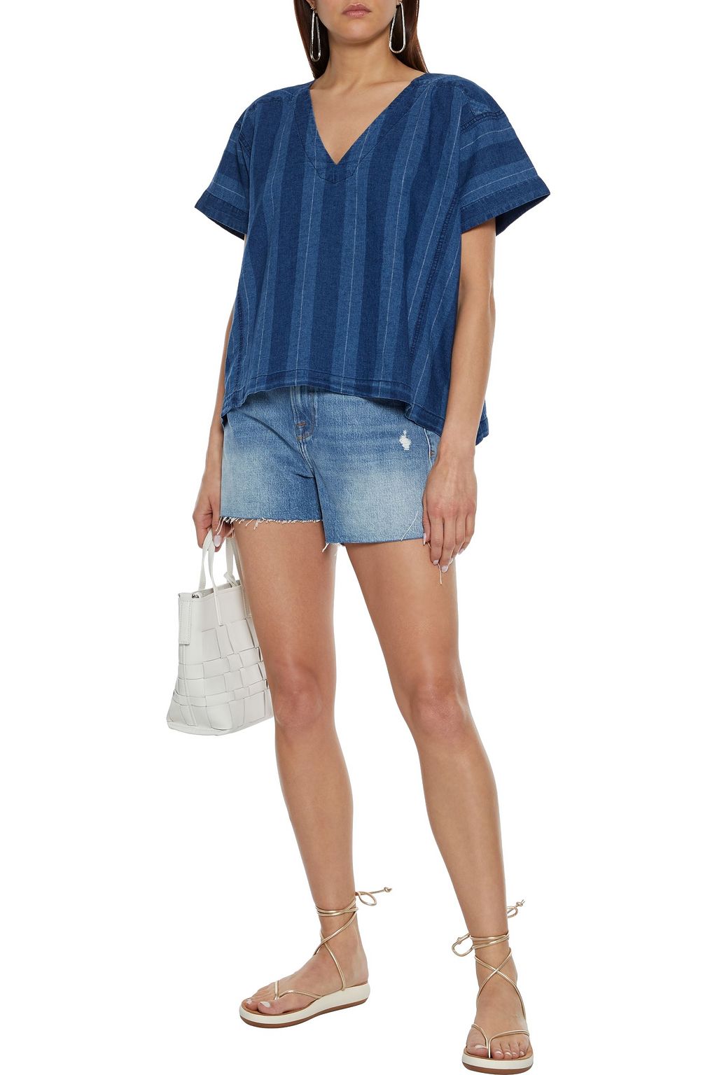 JOIE Theola striped linen and cotton-blend chambray top
