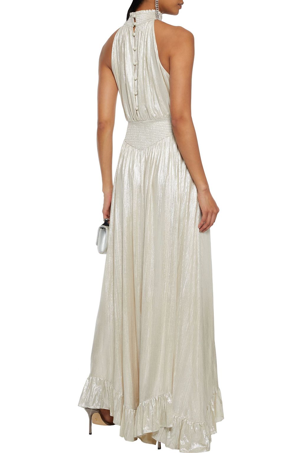 RETROFÊTE Carly cutout shirred metallic jersey gown
