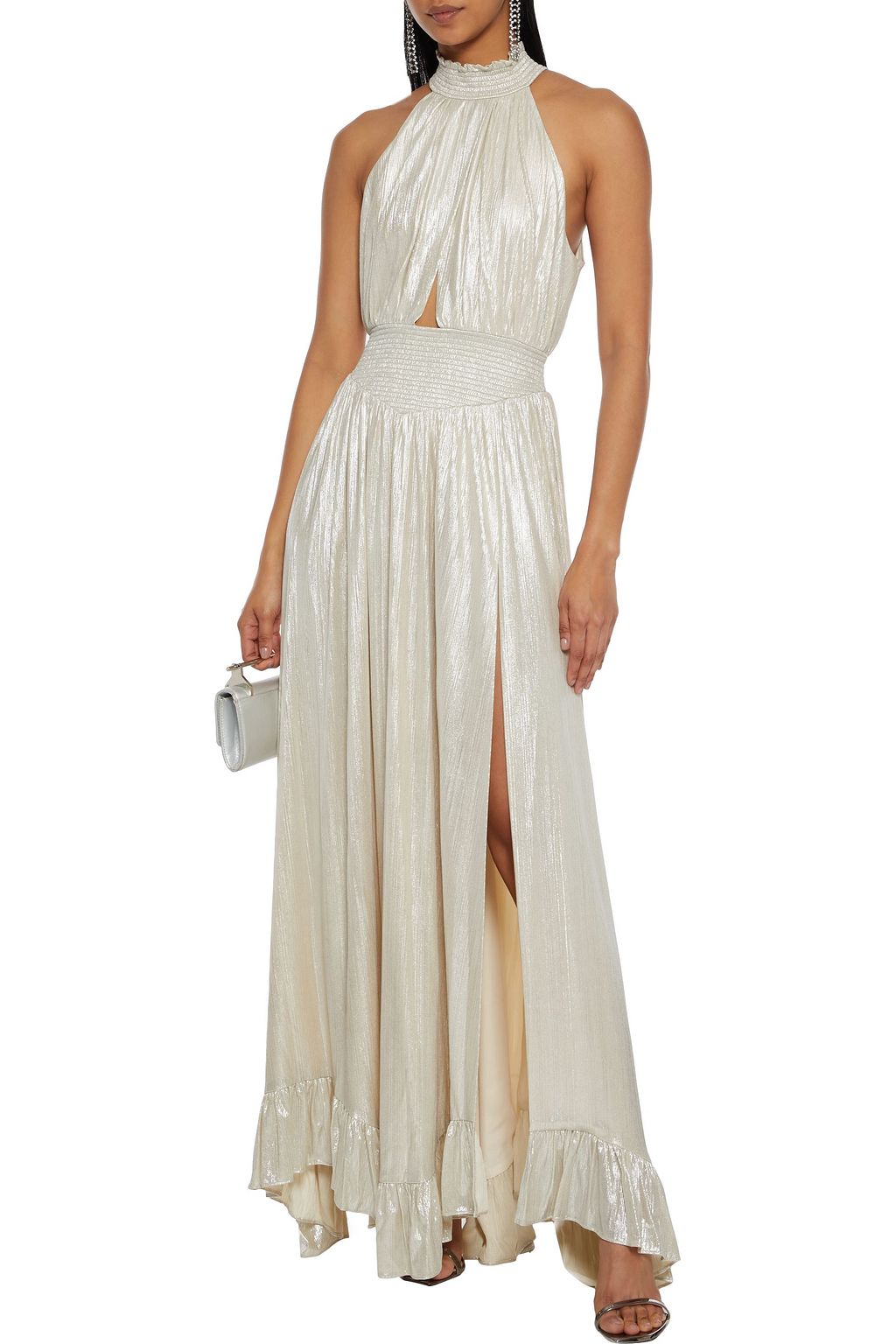 RETROFÊTE Carly cutout shirred metallic jersey gown