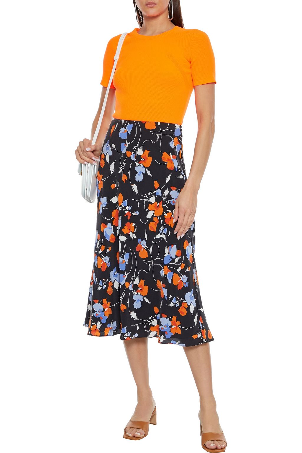 JOIE Brystal fluted floral-print silk crepe de chine midi skirt