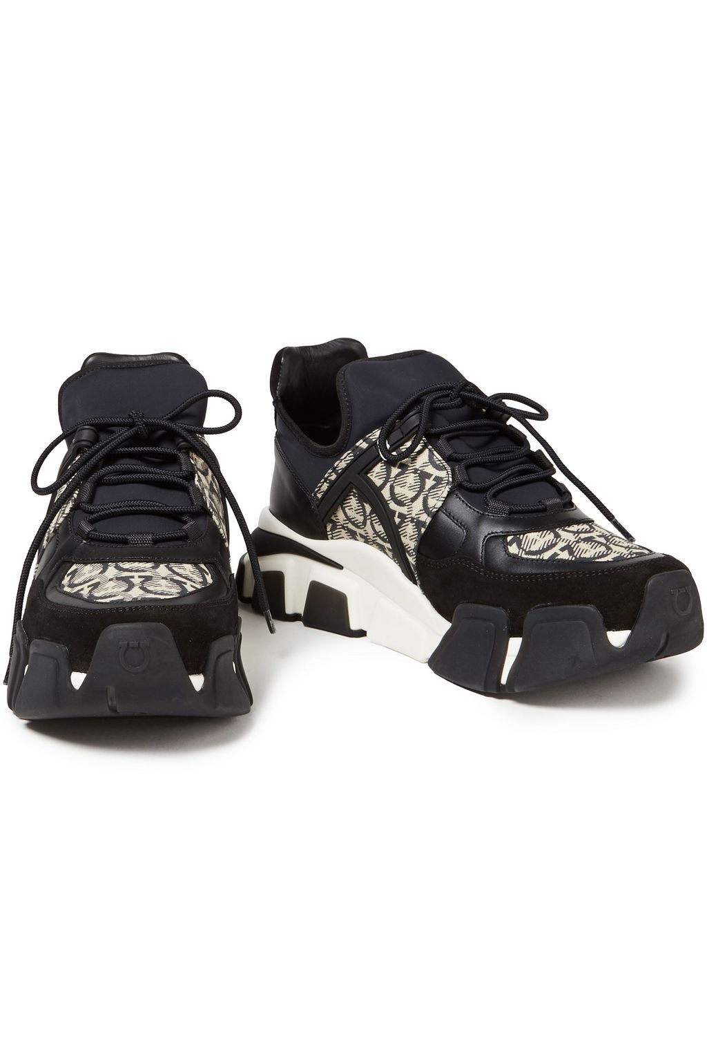 FERRAGAMO Leather, suede, neoprene and jacquard sneakers