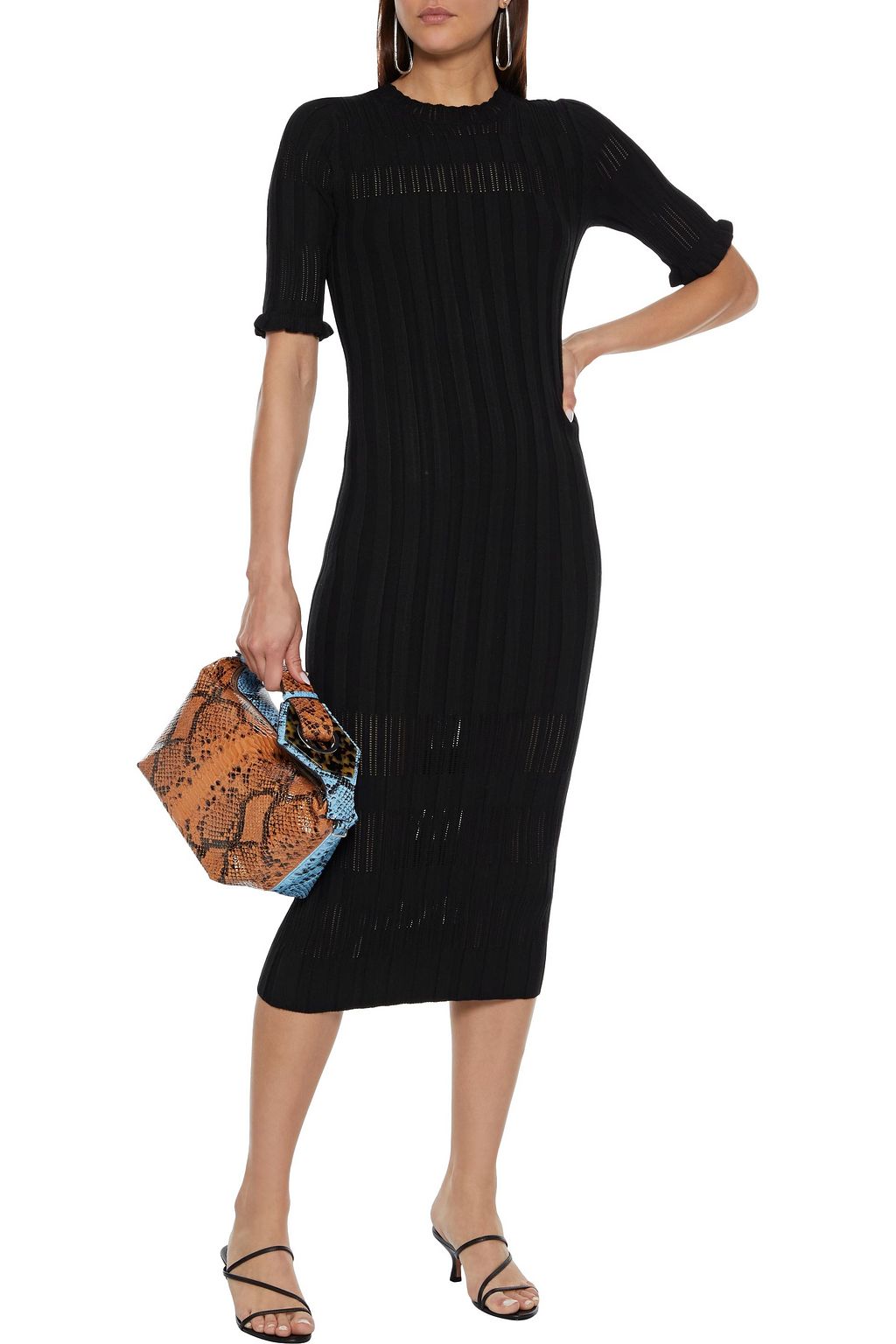 JOIE Pointelle-trimmed ribbed-knit midi dress