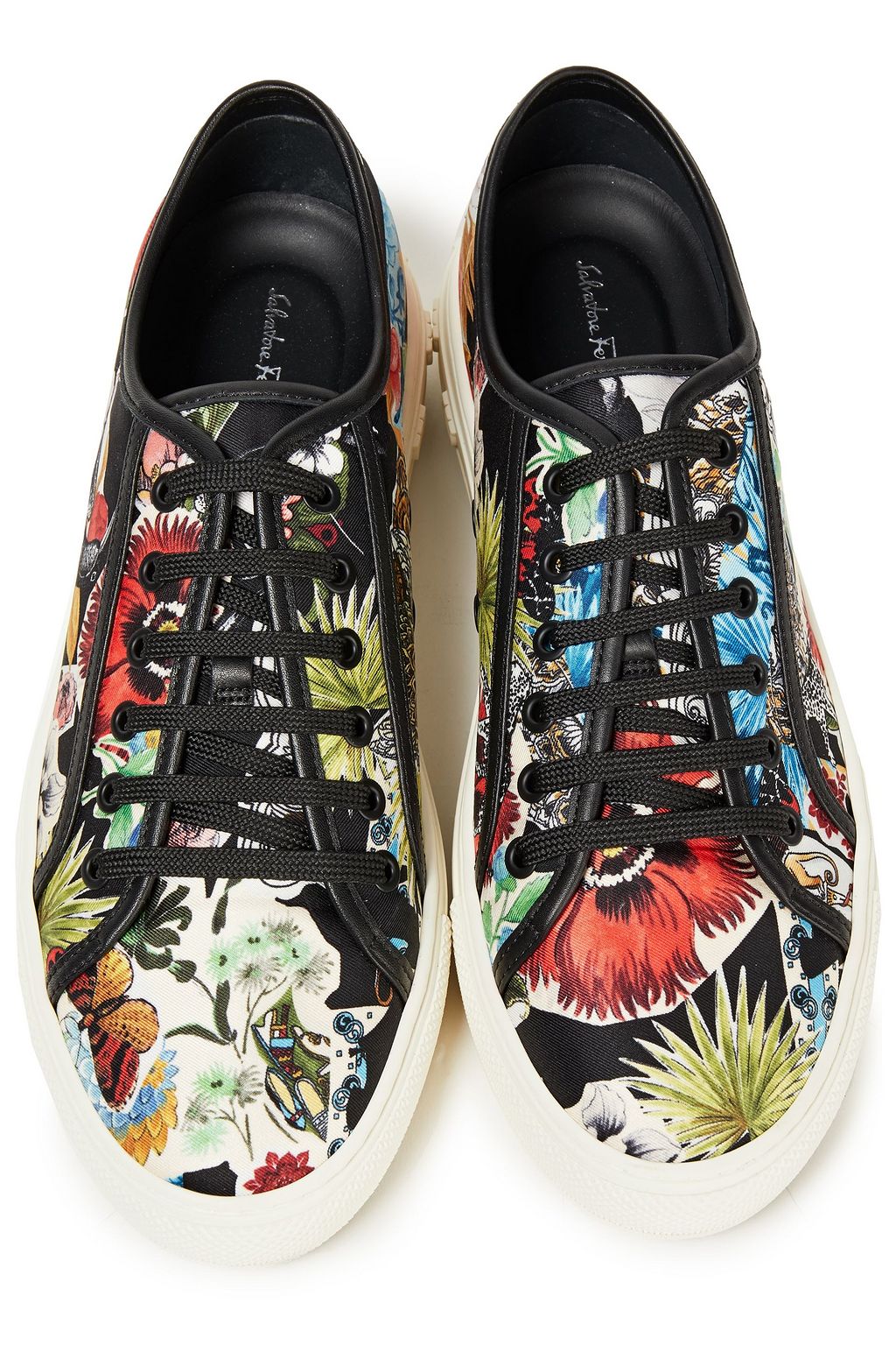 FERRAGAMO Borg leather-trimmed printed twill sneakers
