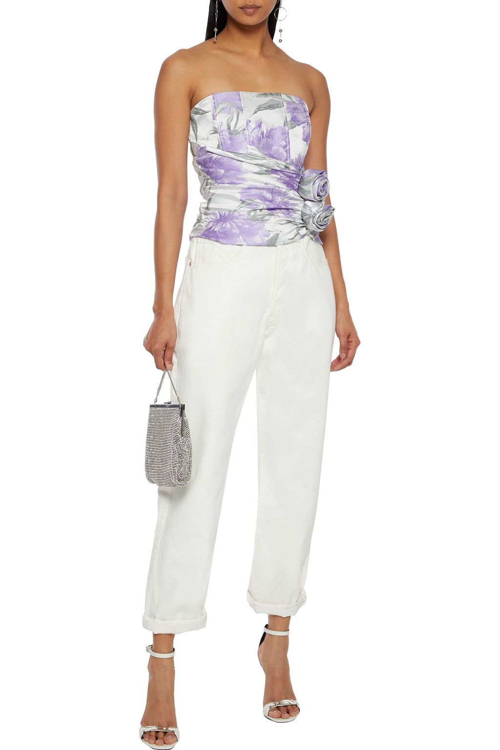 RETROFÊTE Judy strapless floral-appliquéd satin-jacquard top