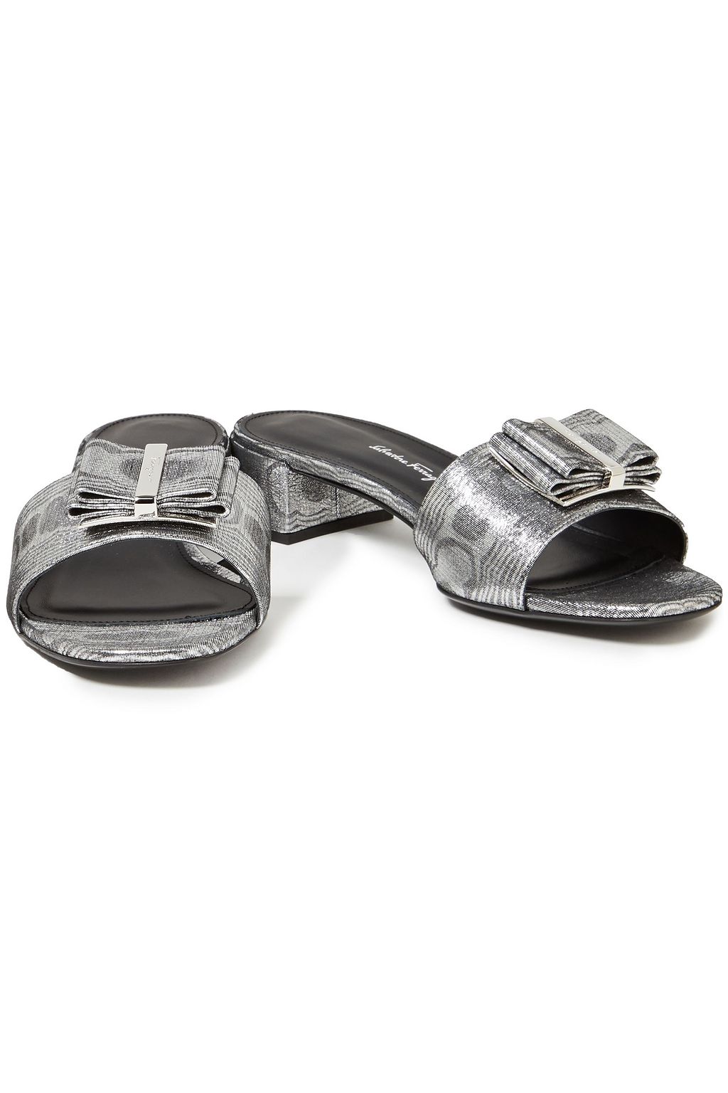 FERRAGAMO Zefir bow-embellished metallic coated suede mules