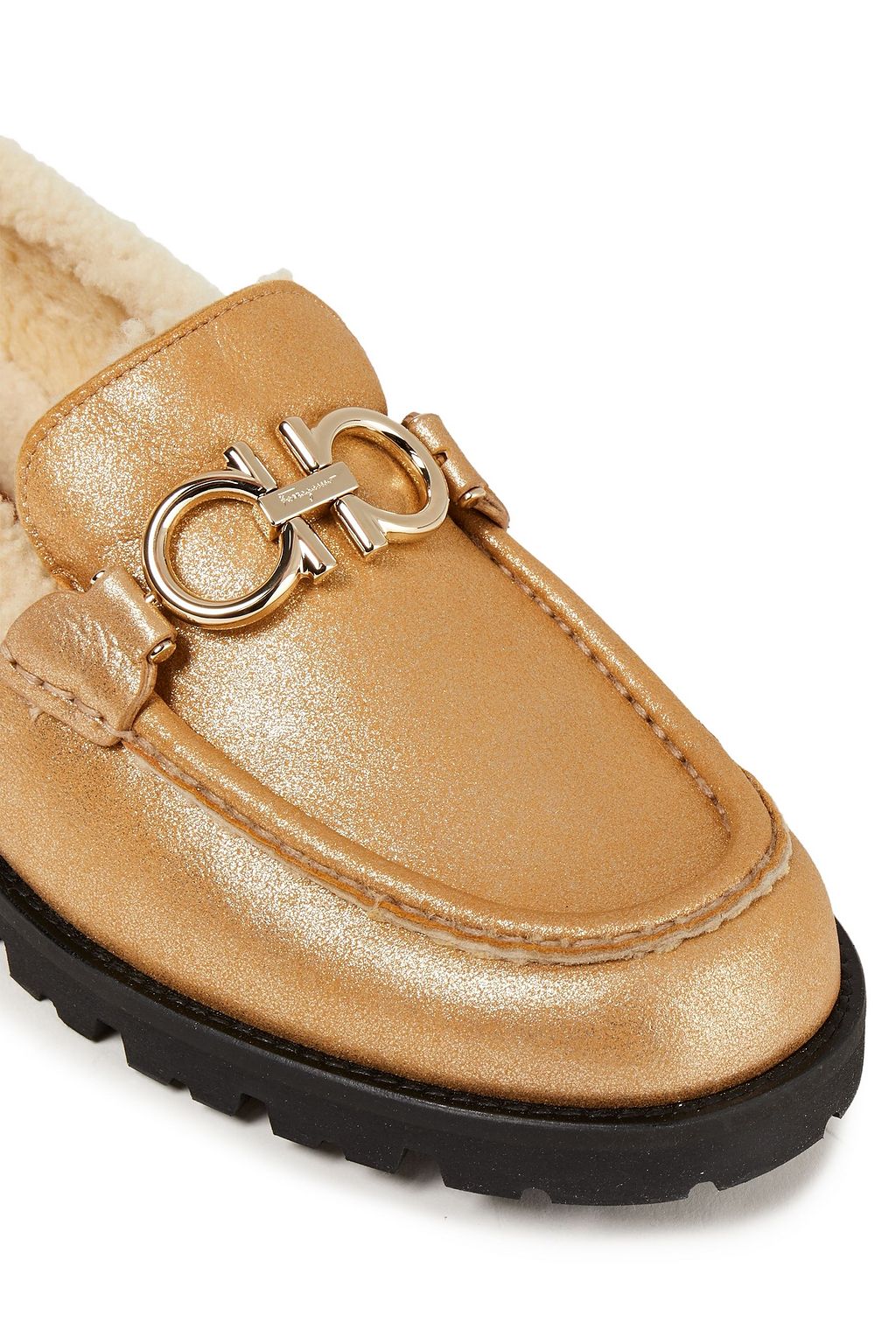 FERRAGAMO Shearling-lined metallic leather loafers