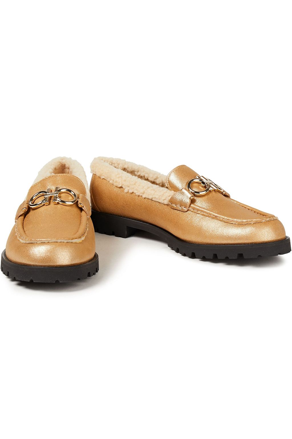 FERRAGAMO Shearling-lined metallic leather loafers