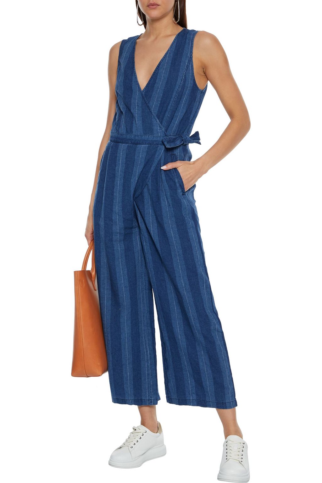 JOIE Xenia cropped striped linen and cotton-blend wrap jumpsuit