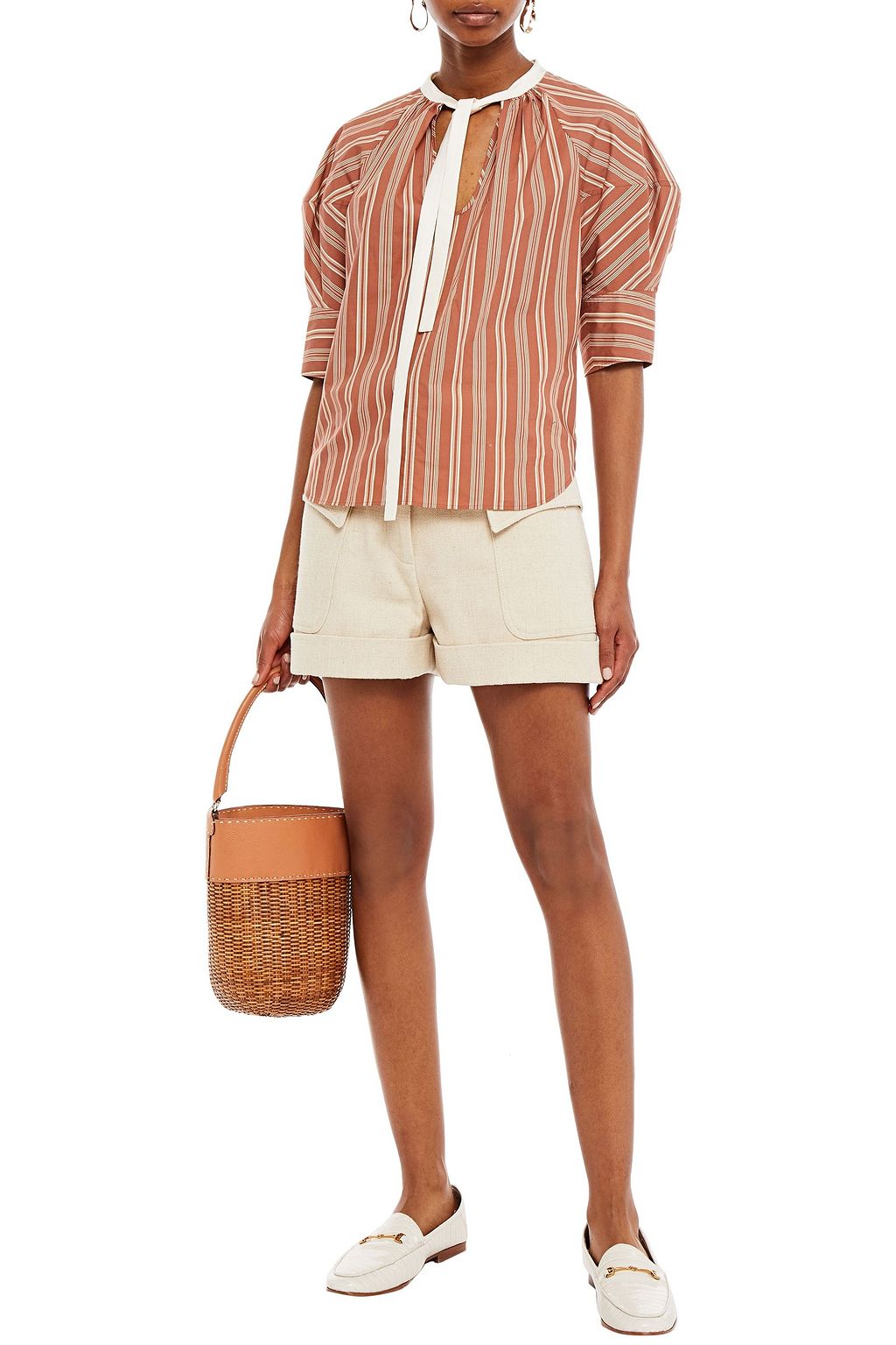 CHLOÉ Tie-neck silk satin-trimmed striped cotton-poplin top
