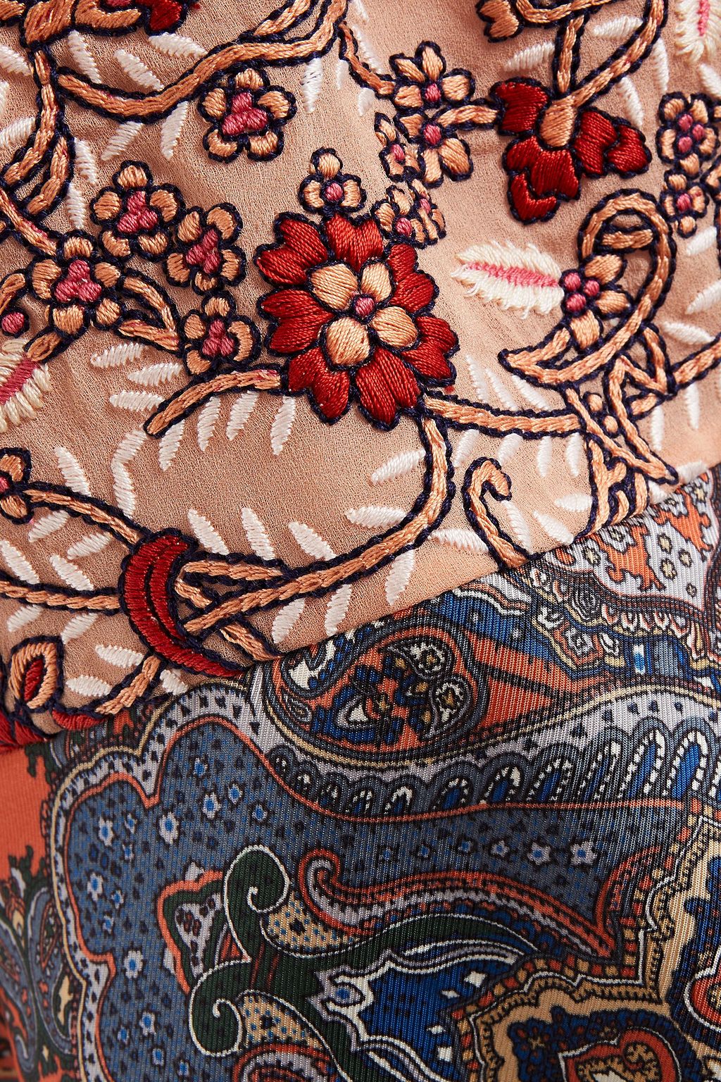 CHLOÉ Embroidered patchwork printed satin-twill and crepe top