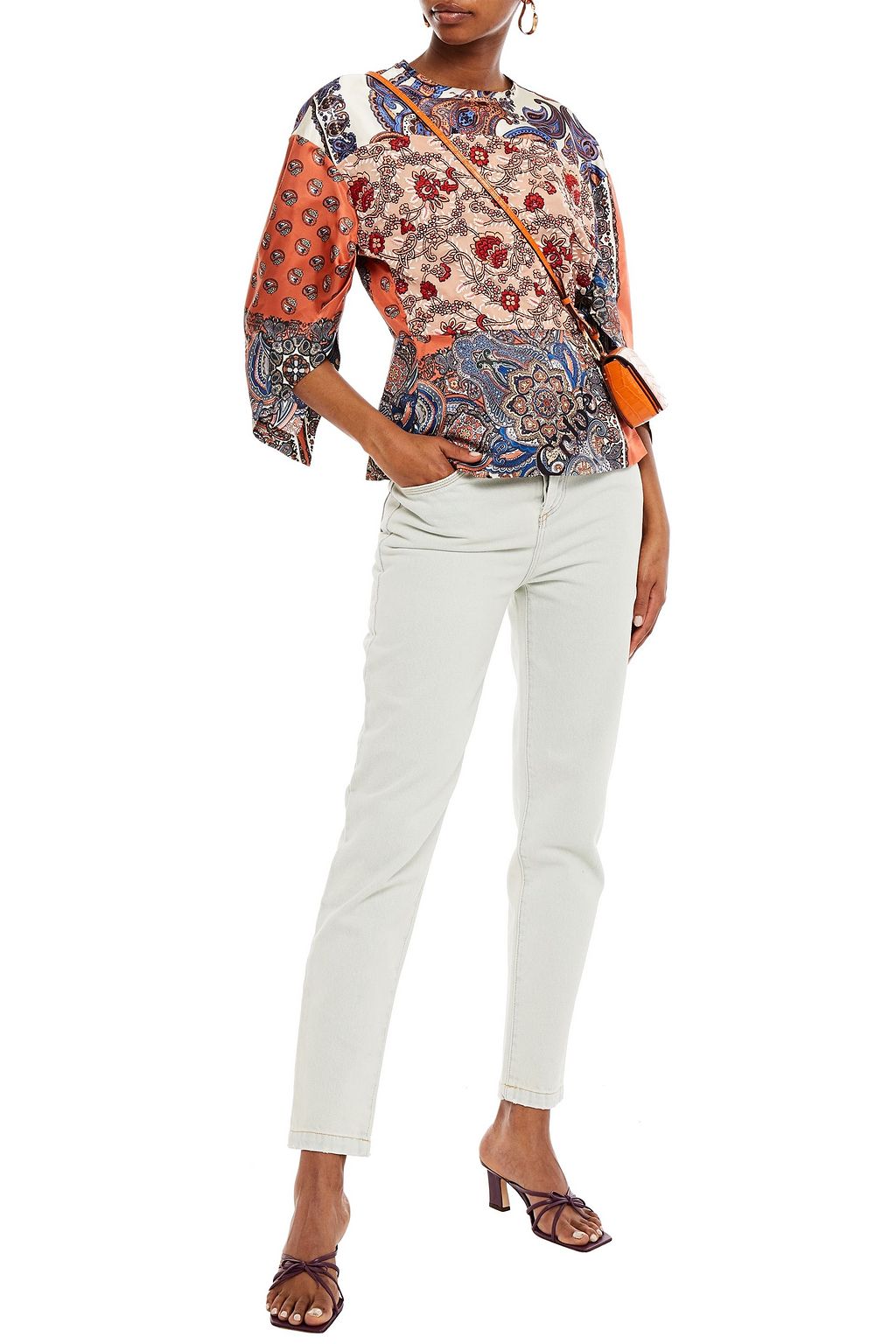CHLOÉ Embroidered patchwork printed satin-twill and crepe top