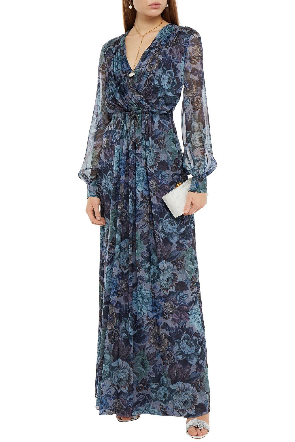 ALBERTA FERRETTI Wrap-effect pleated floral-print chiffon maxi dress