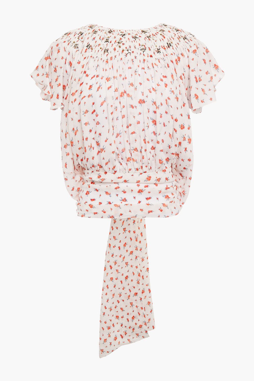 CHLOÉ Tie-back gathered embellished floral-print silk-georgette top | THE  OUTNET