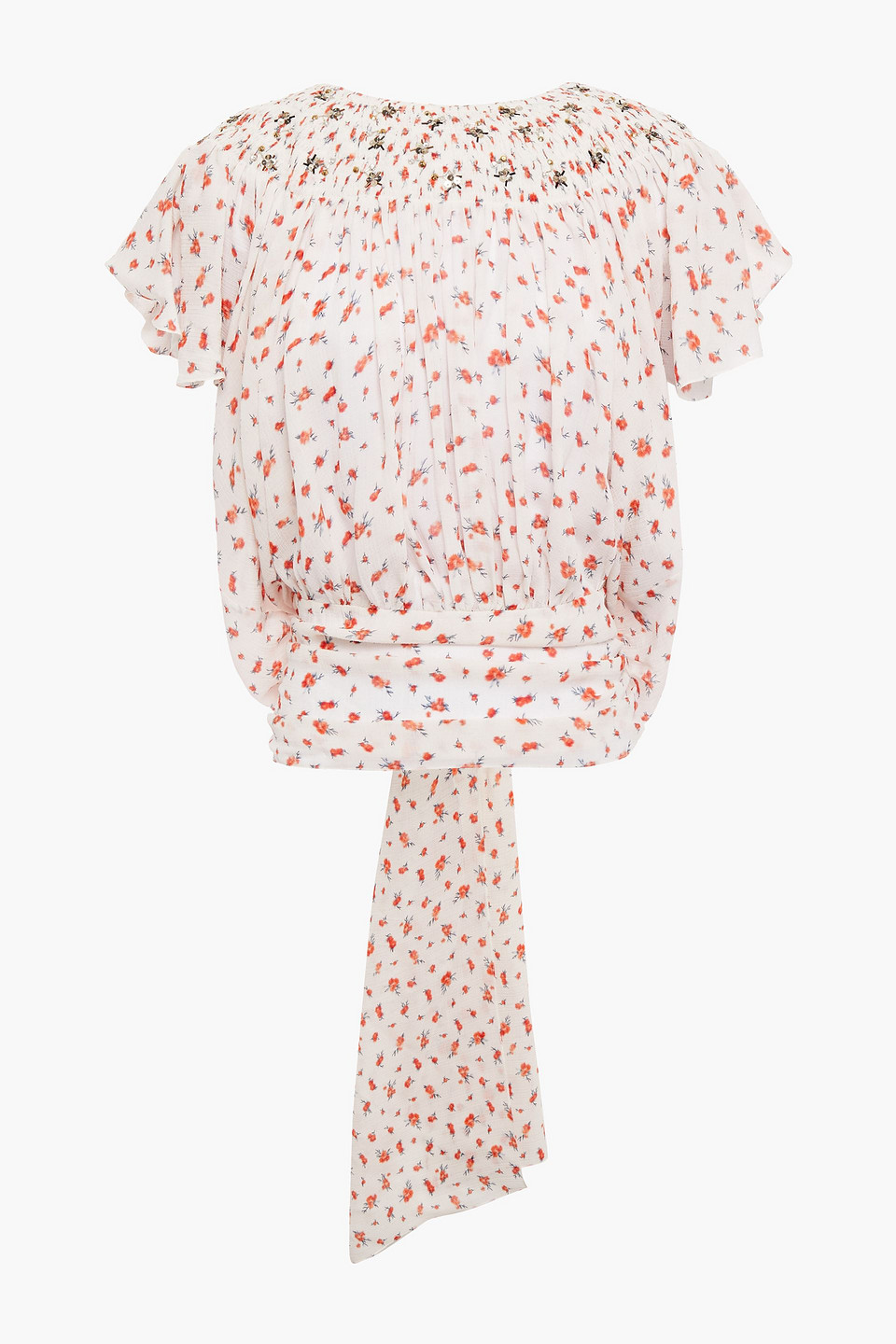 Chloé Tie-back Gathered Embellished Floral-print Silk-georgette Top In Beige