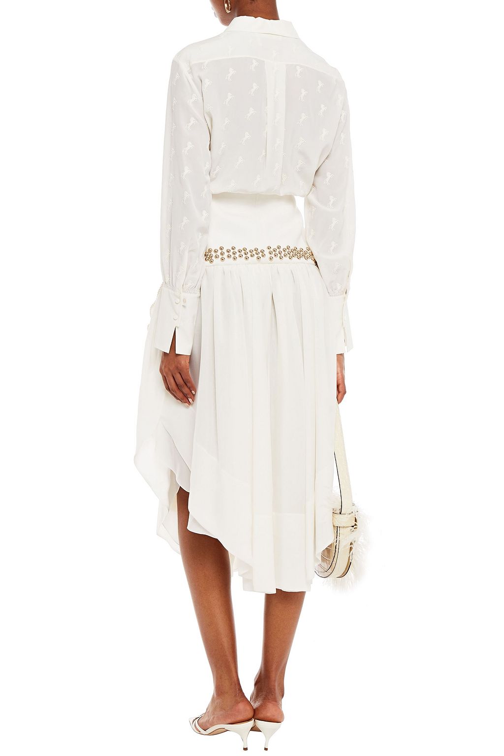 CHLOÉ Asymmetric studded silk-chiffon and ponte midi skirt
