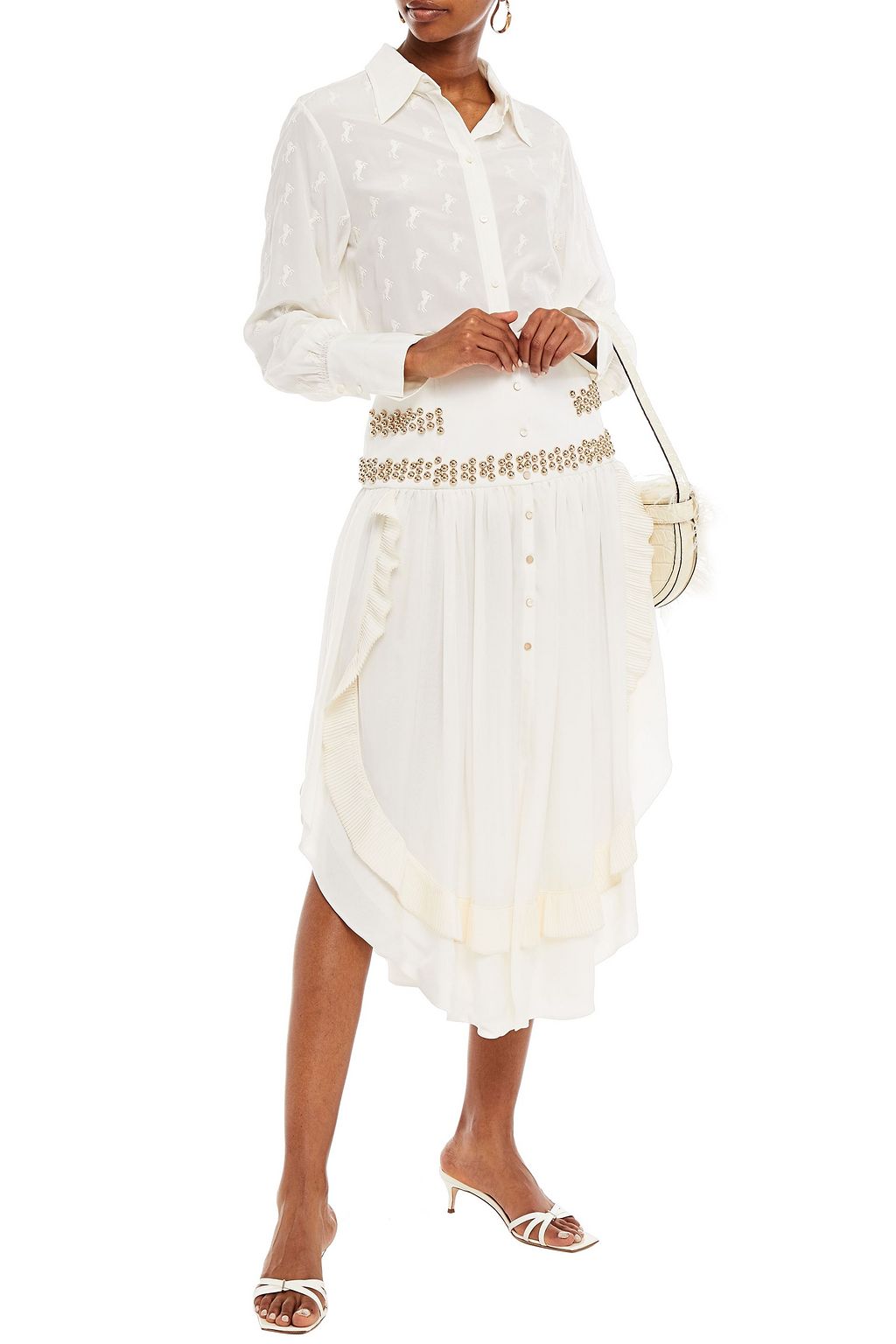 CHLOÉ Asymmetric studded silk-chiffon and ponte midi skirt
