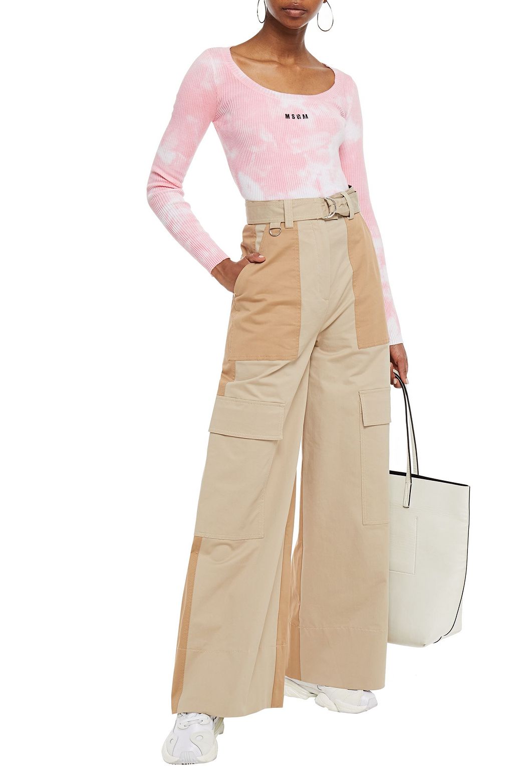 MSGM Belted two-tone cotton-blend twill wide-leg pants