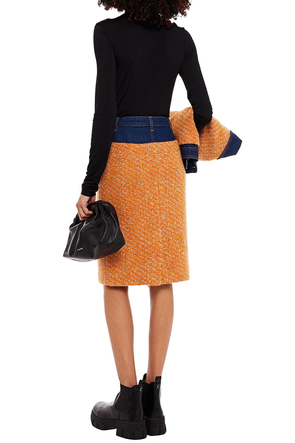 MOSCHINO Denim-paneled wool-blend bouclé-tweed skirt
