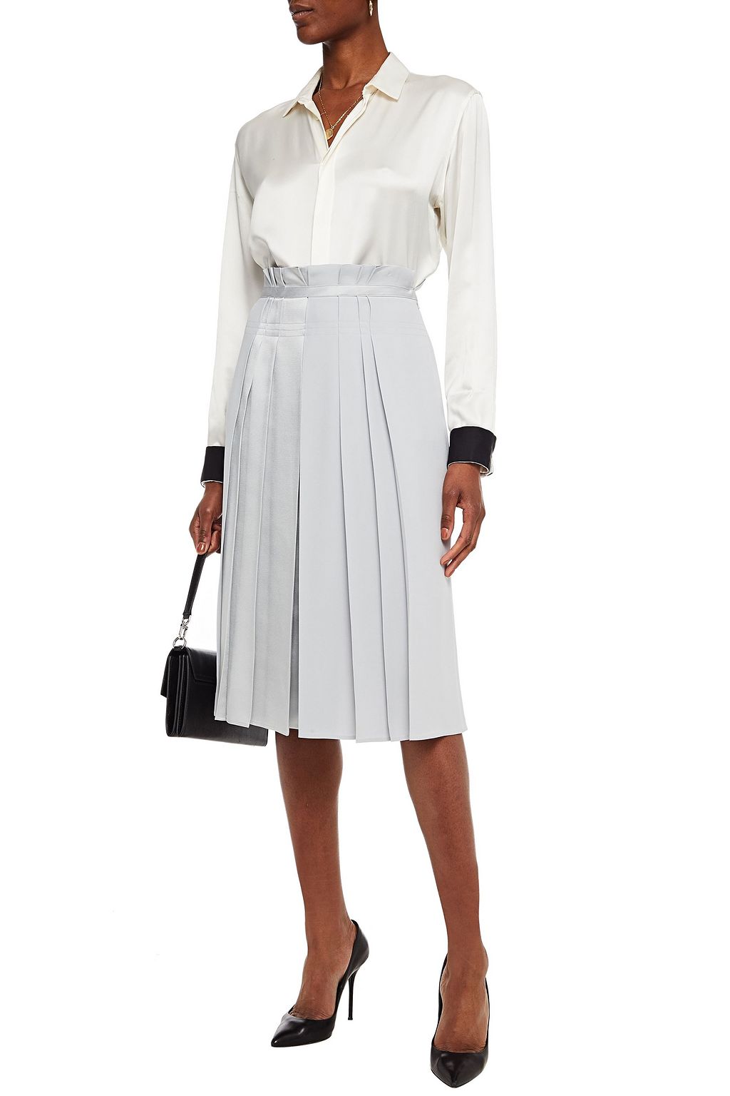 ALBERTA FERRETTI Pleated satin-paneled crepe midi skirt