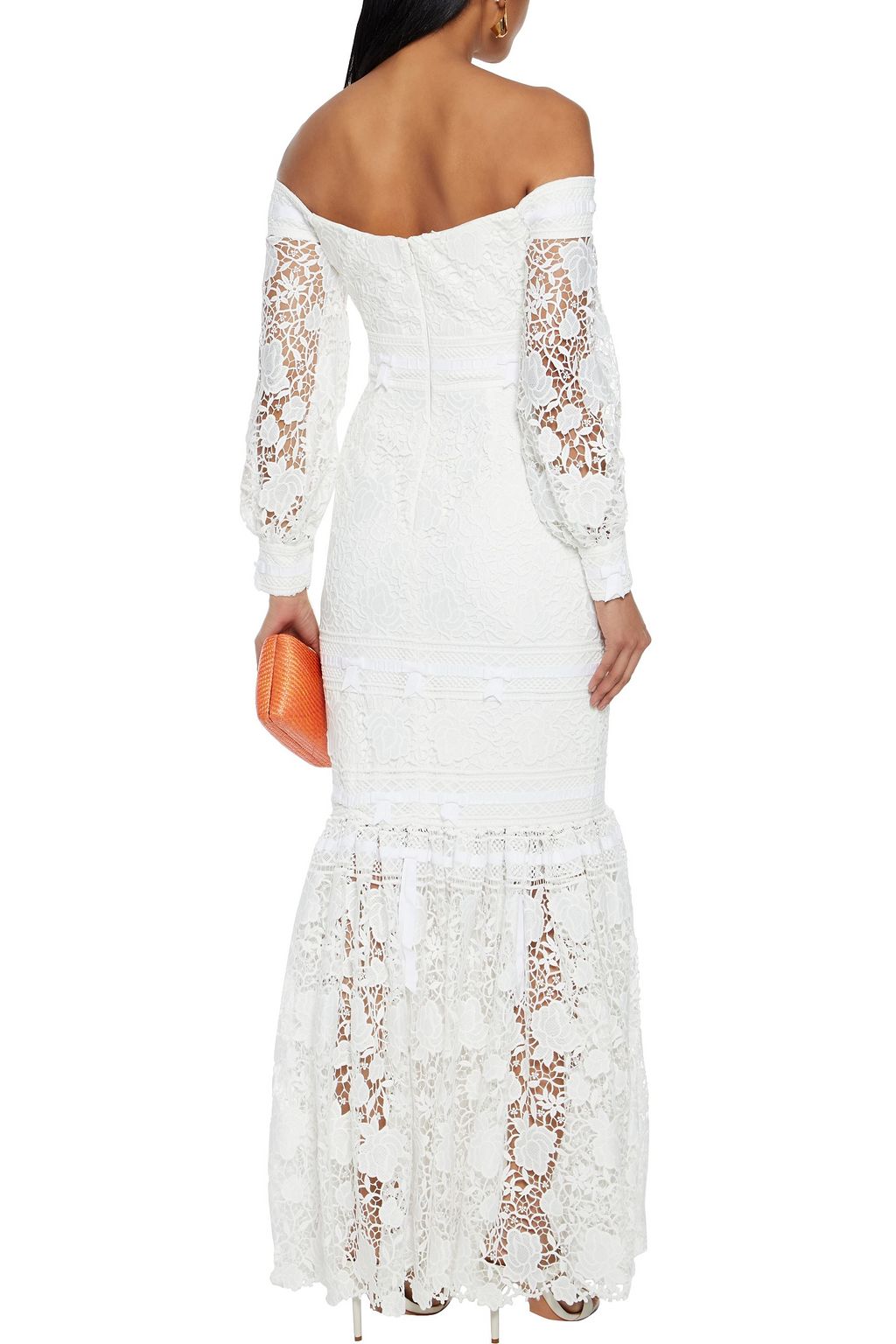 BADGLEY MISCHKA Off-the-shoulder bow-embellished guipure lace gown
