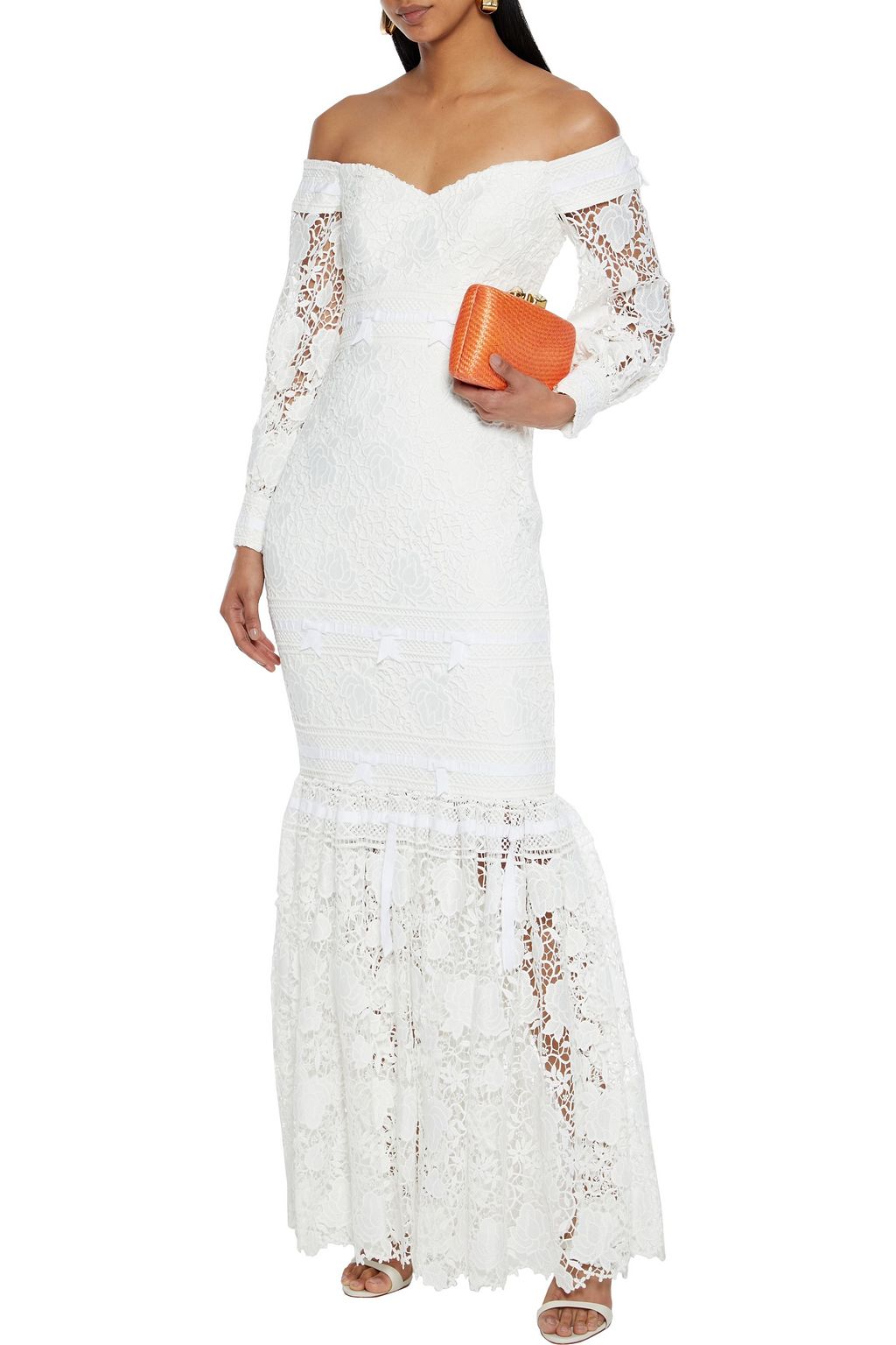 BADGLEY MISCHKA Off-the-shoulder bow-embellished guipure lace gown