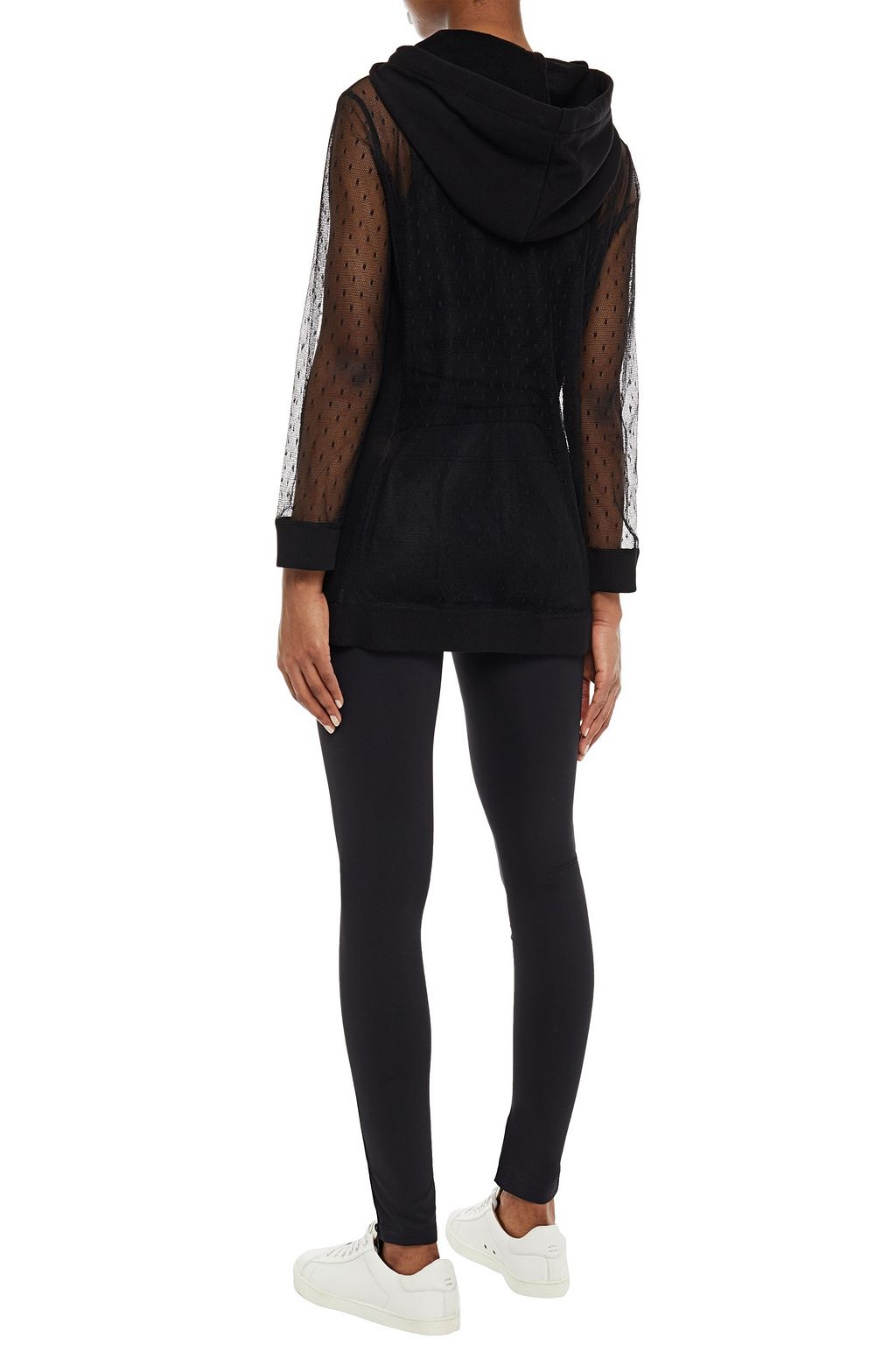 REDVALENTINO Paneled French terry and point d'esprit hooded track jacket