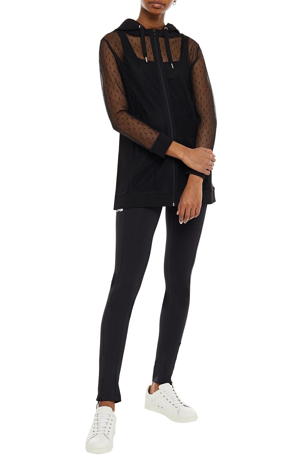 REDVALENTINO Paneled French terry and point d'esprit hooded track jacket