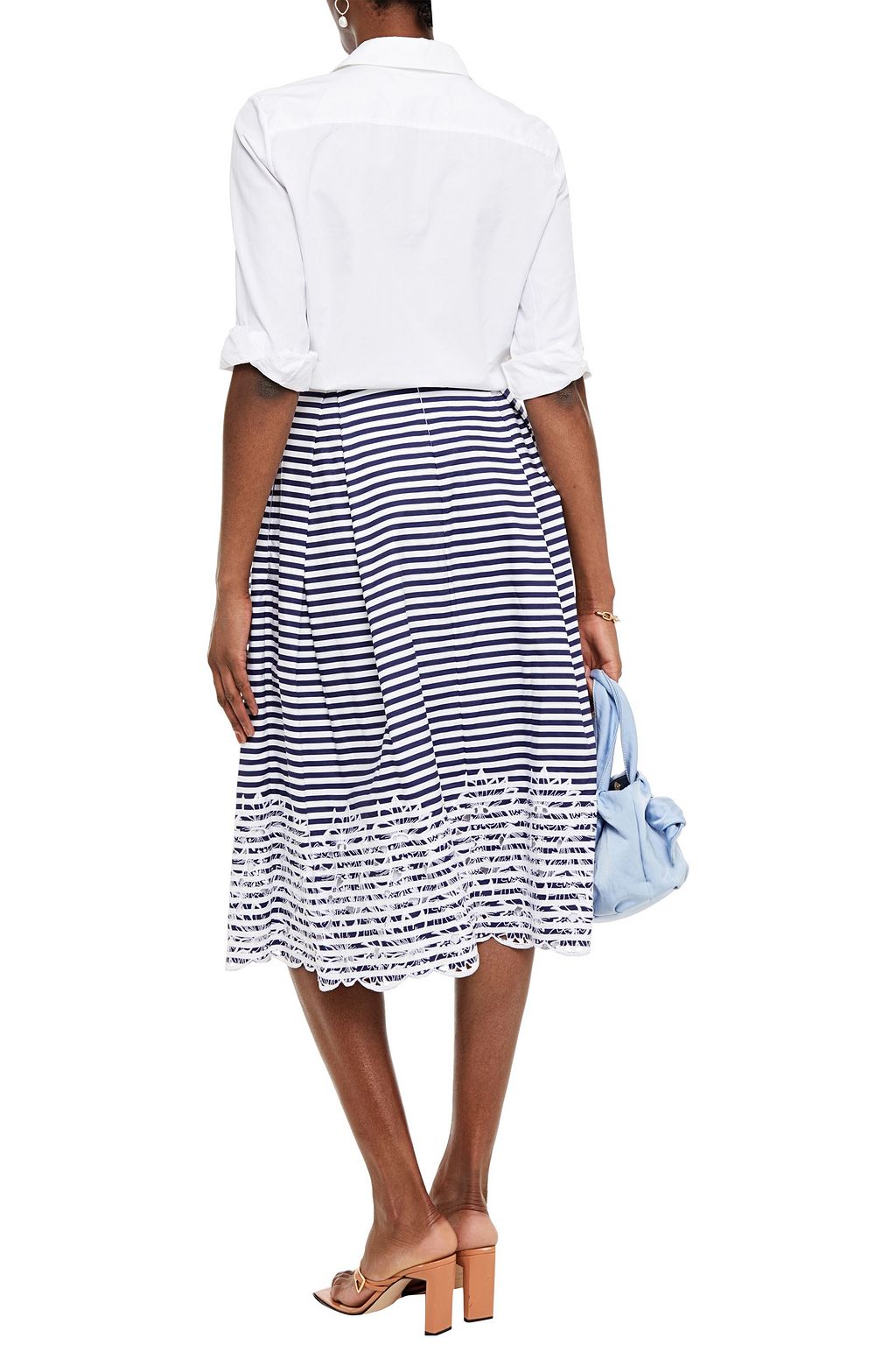 ERDEM Ina broderie anglaise-trimmed pleated striped cotton-blend poplin midi skirt
