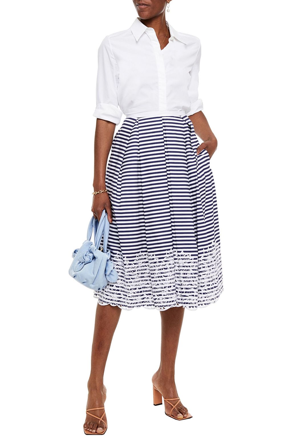 ERDEM Ina broderie anglaise-trimmed pleated striped cotton-blend poplin midi skirt