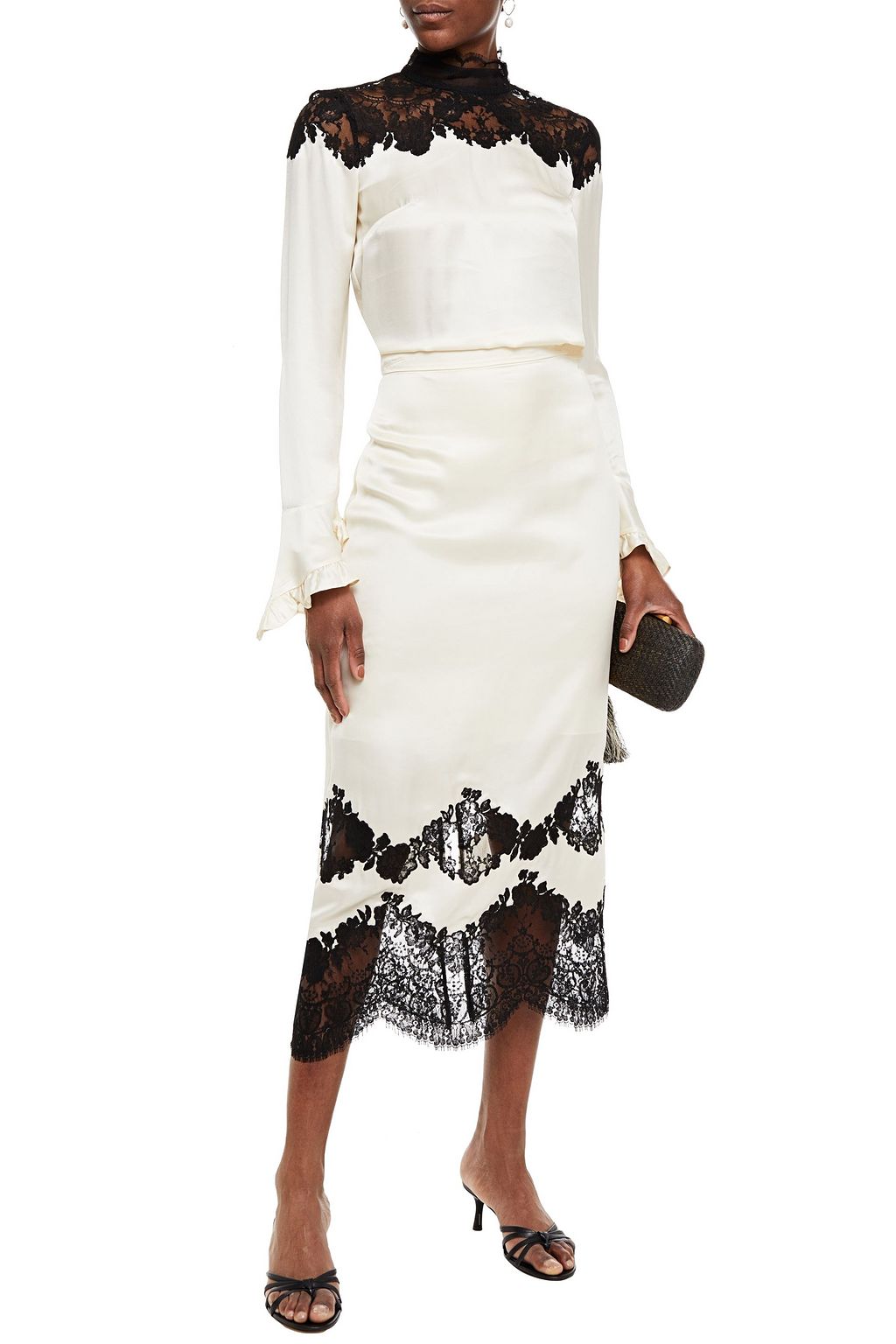 ERDEM Maria lace-trimmed satin midi skirt