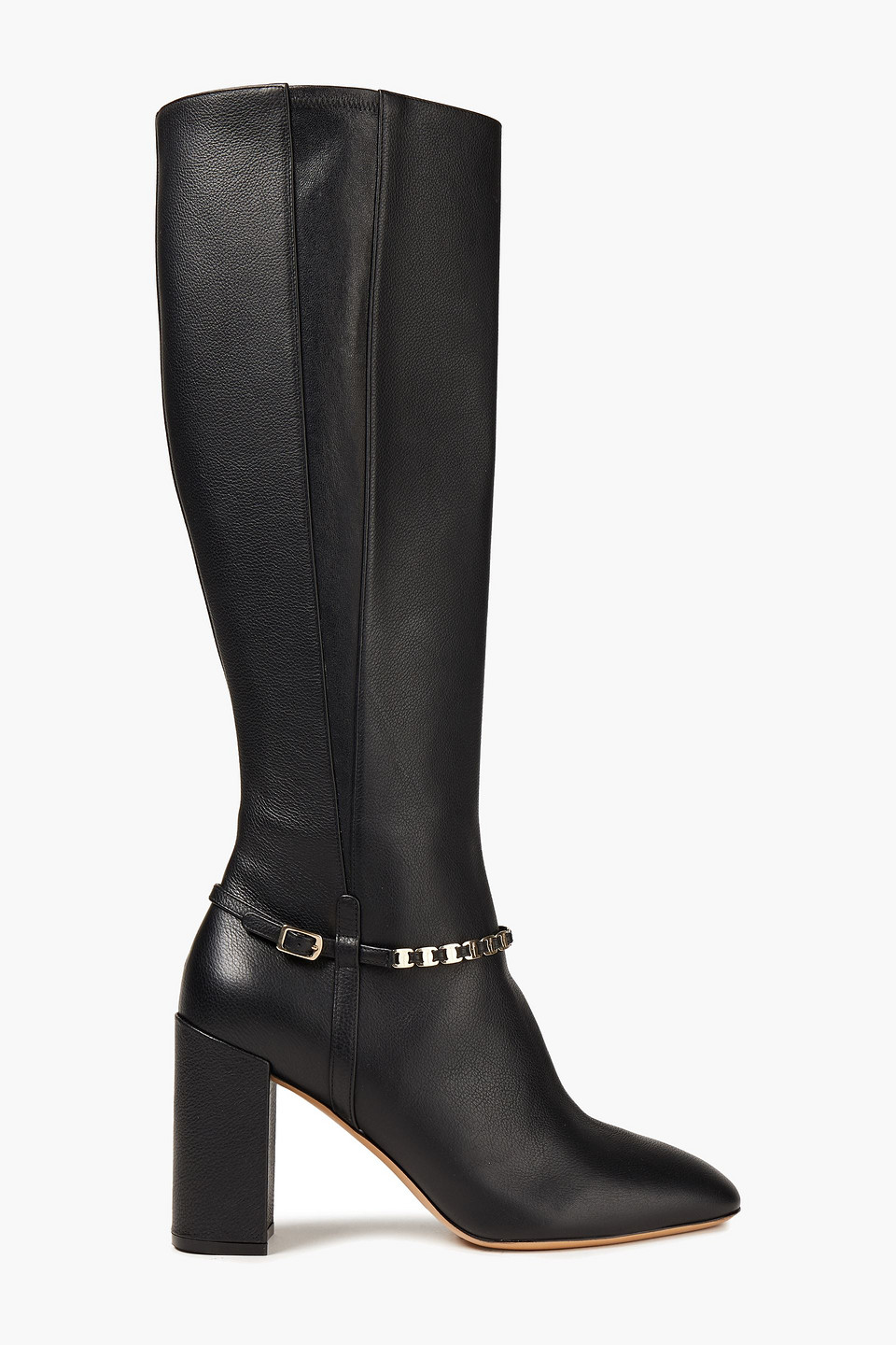 ferragamo - triba 85 chain-trimmed leather knee boots - black - us 7