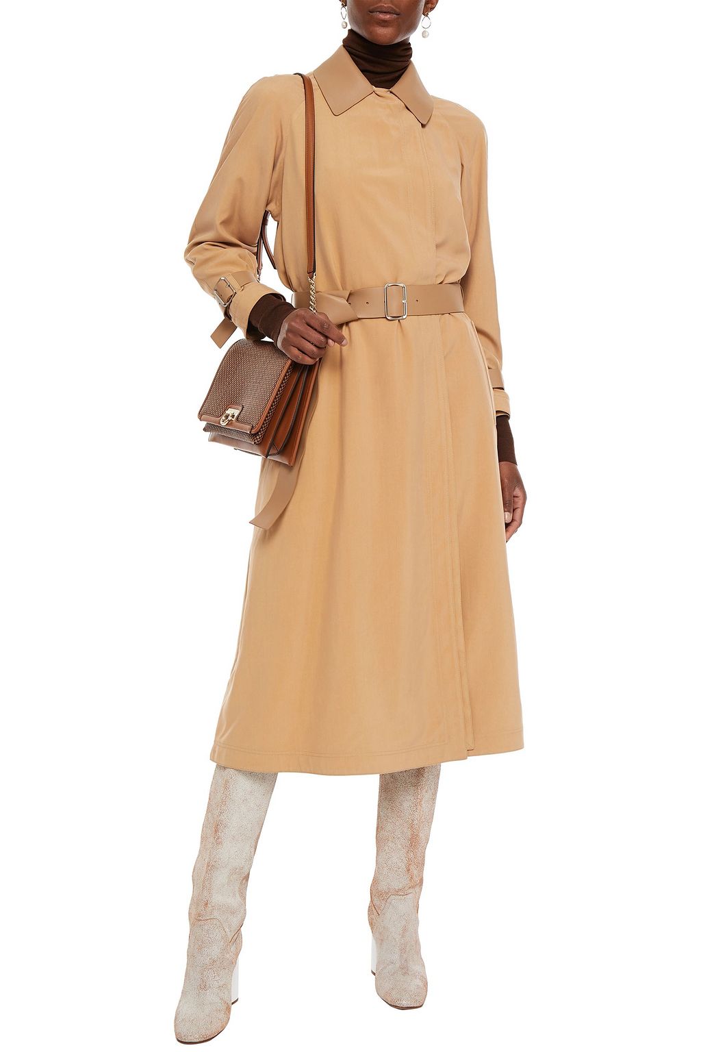 FERRAGAMO Leather-trimmed washed-silk trench coat