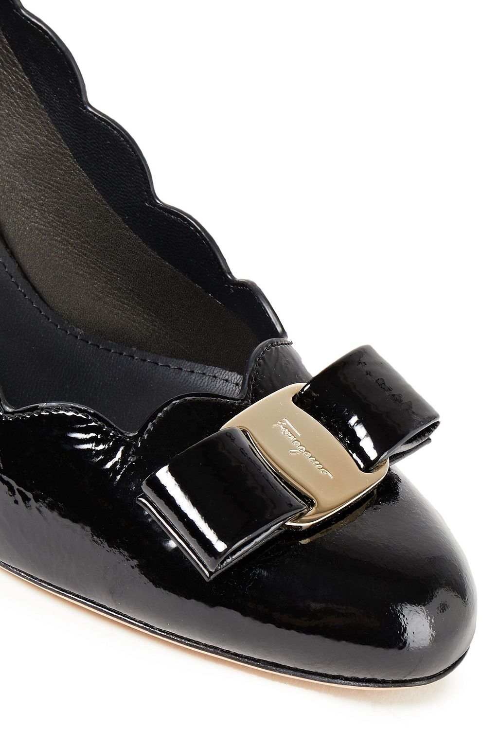 FERRAGAMO Carla bow-embellished crinkled patent-leather pumps