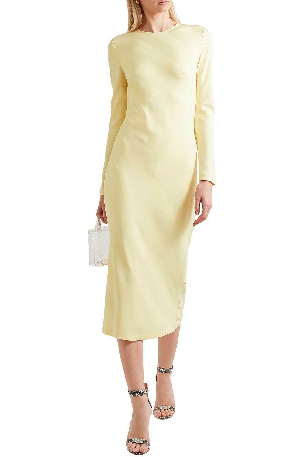 REBECCA VALLANCE Bow-detailed striped satin-jacquard midi dress