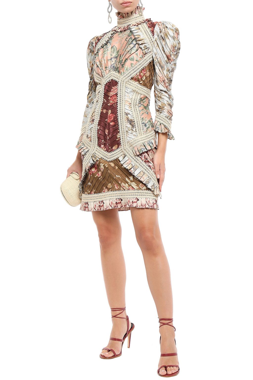 ZIMMERMANN Pleated appliquéd floral-print silk mini dress