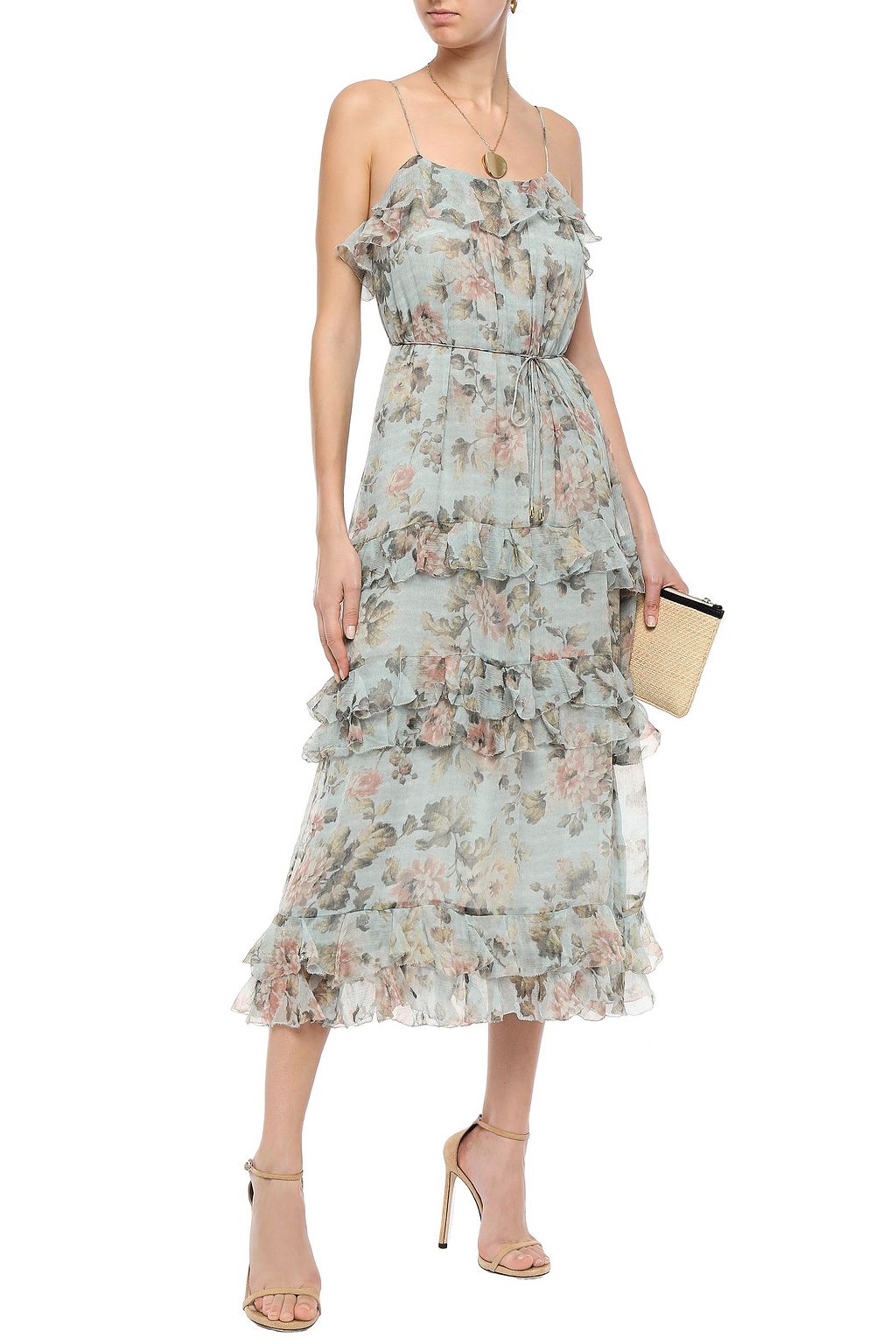 Sky blue Tiered floral-print silk-georgette midi dress | ZIMMERMANN ...