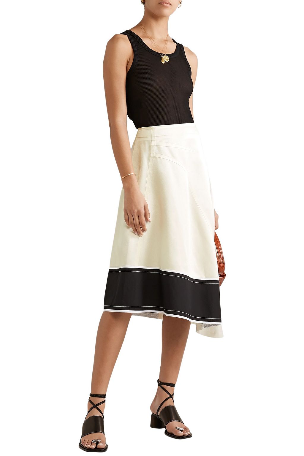 DEREK LAM Asymmetric cotton poplin-trimmed satin-crepe midi skirt