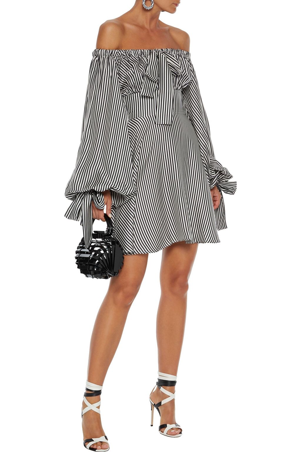 ZIMMERMANN Maiden off-the-shoulder bow-detailed striped twill mini dress