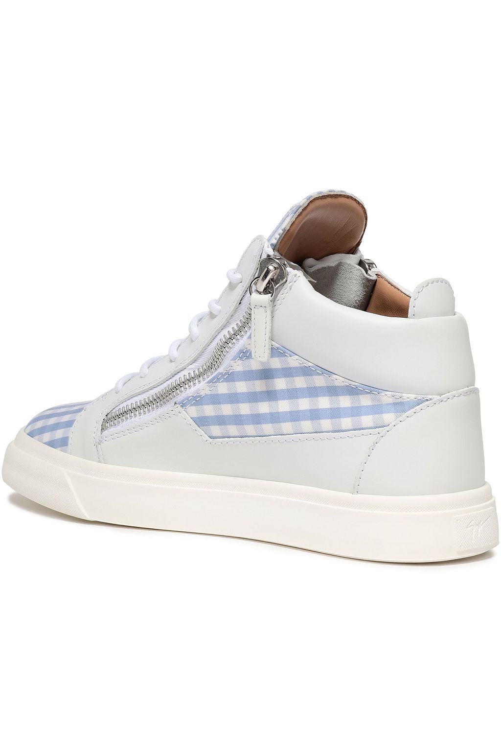 GIUSEPPE ZANOTTI Kriss leather and gingham cotton-twill high-top sneakers