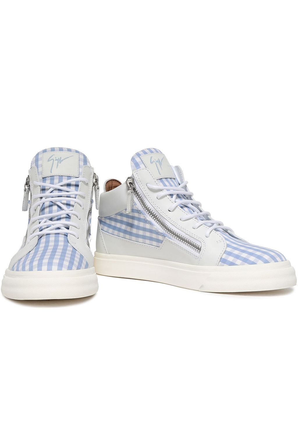 GIUSEPPE ZANOTTI Kriss leather and gingham cotton-twill high-top sneakers