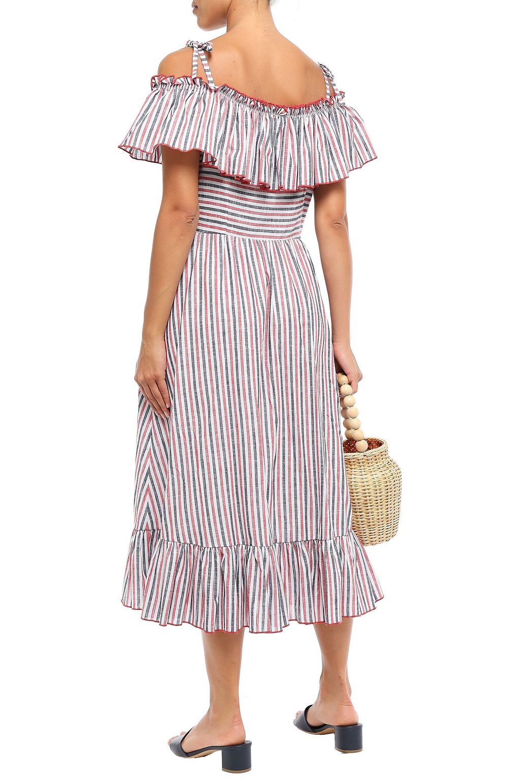 GÜL HÜRGEL Cold-shoulder ruffled striped cotton and linen-blend midi dress