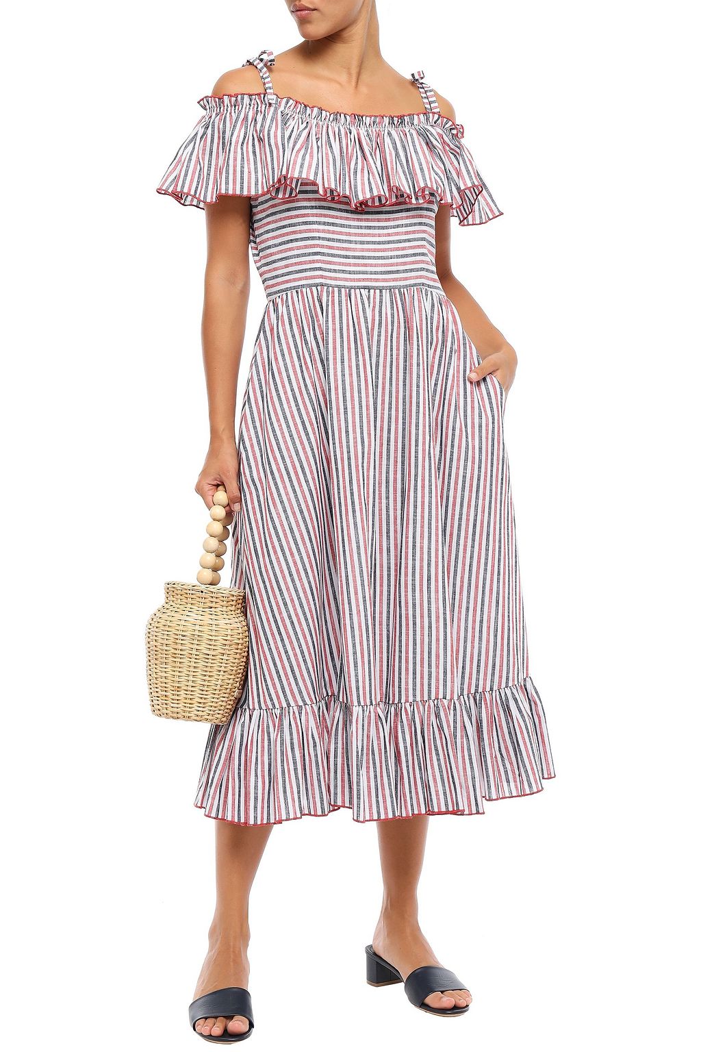 GÜL HÜRGEL Cold-shoulder ruffled striped cotton and linen-blend midi dress
