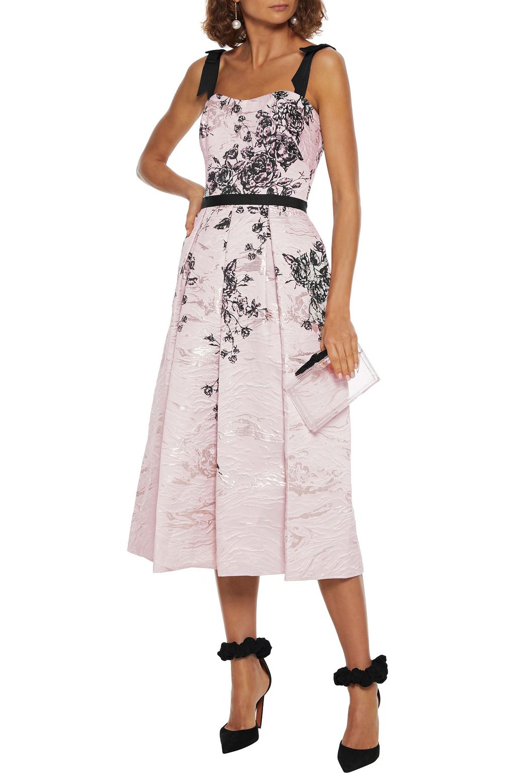 MARCHESA NOTTE Plissiertes Midikleid aus bedrucktem Cloqué mit Metallic-Effekt