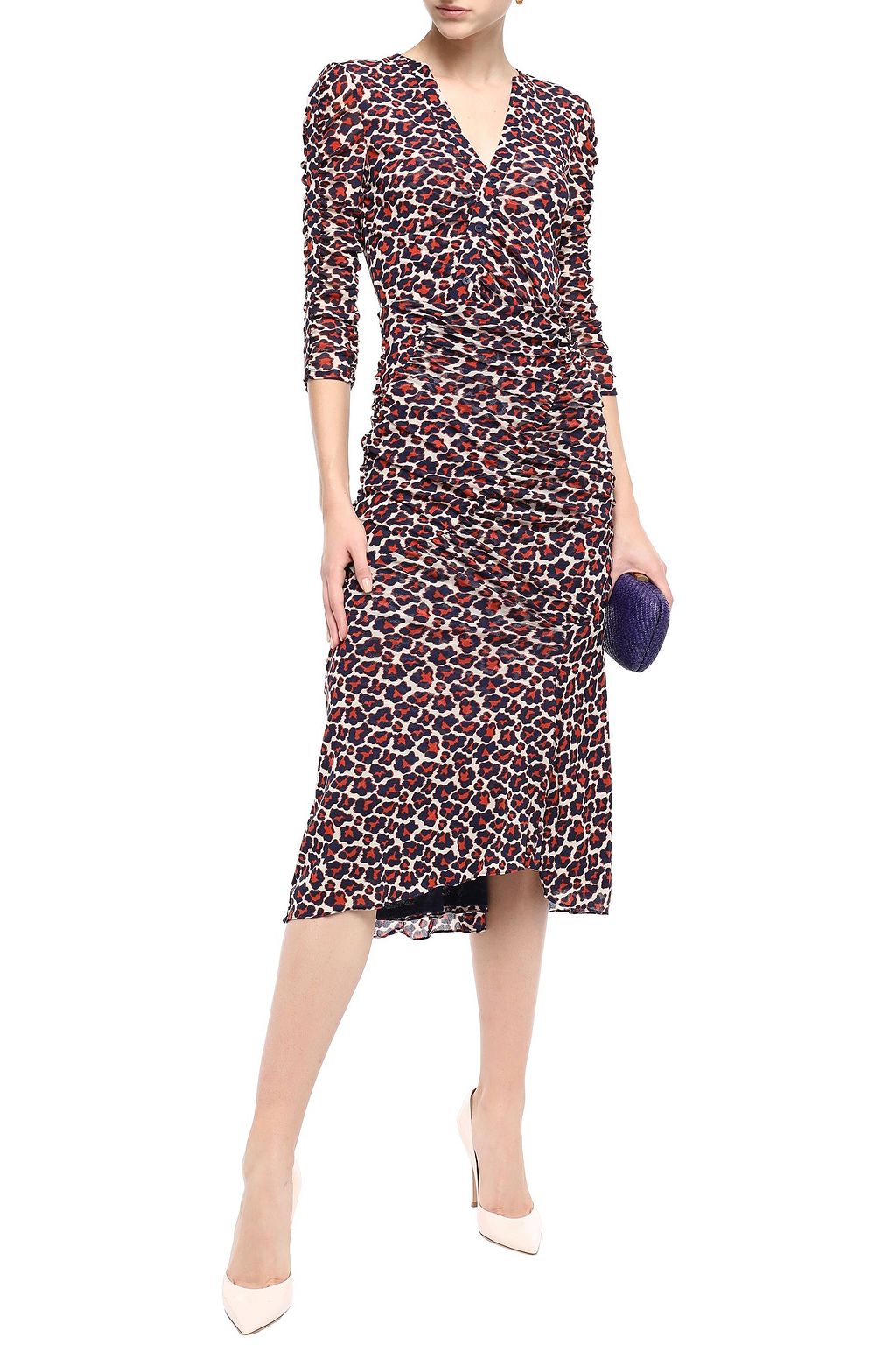 DIANE VON FURSTENBERG Ruched leopard-print stretch-mesh midi dress ...